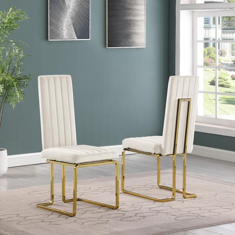 Best Quality Furniture Cream Velvet Chairs With Gold Color Base (Set Of 2)
