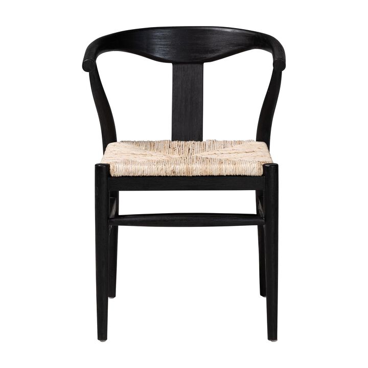 bali & pari Fika Wishbone Dining Chair with Handwoven Seagrass Seat - Mahogany Wood Frame Armchair for Modern Coastal Dining Rooms, Black