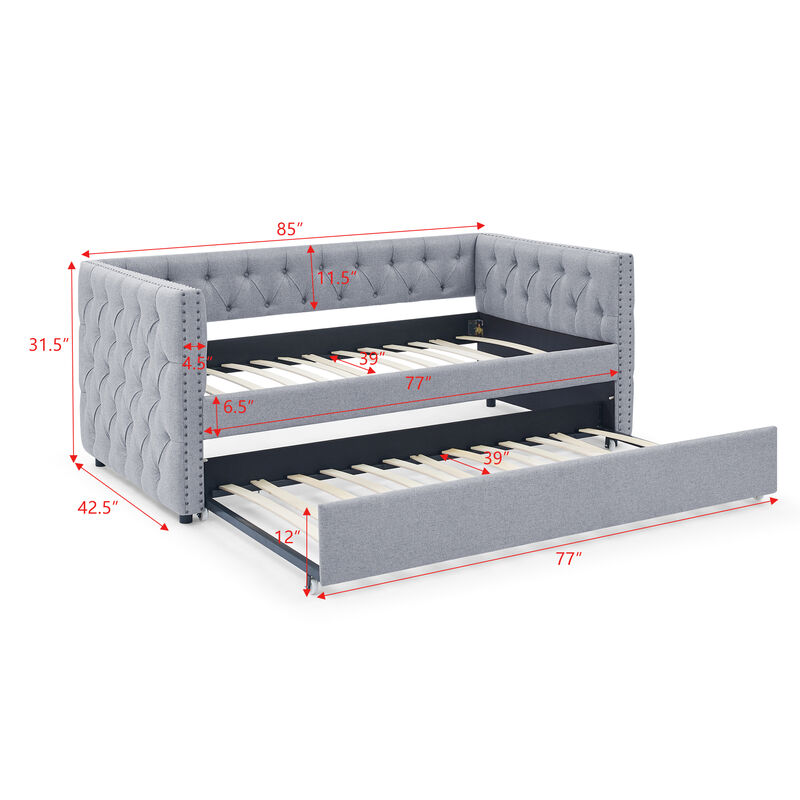 TATEUS Functional Upholstered Daybed - Twin Size with Pull-out Trundle Bed