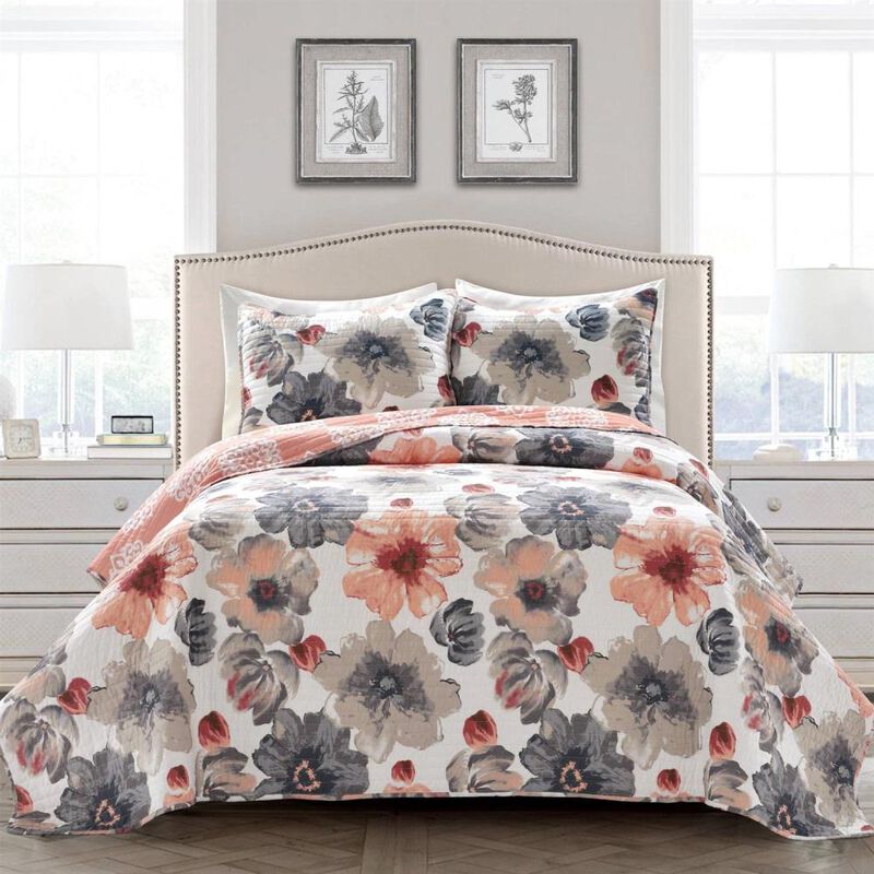 Hivvago Coral Grey Flowers Lightweight Polyester Microfiber Quilt Set
