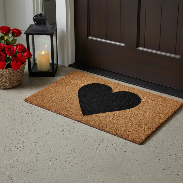 HomeRoots 17" X 29" Brown And Black Heart Outdoor Coir Door Mat