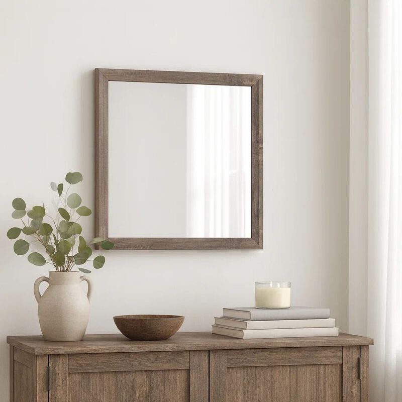 Transitional Square Shape Wooden Frame Mirror with Textured Details, Brown image number 6