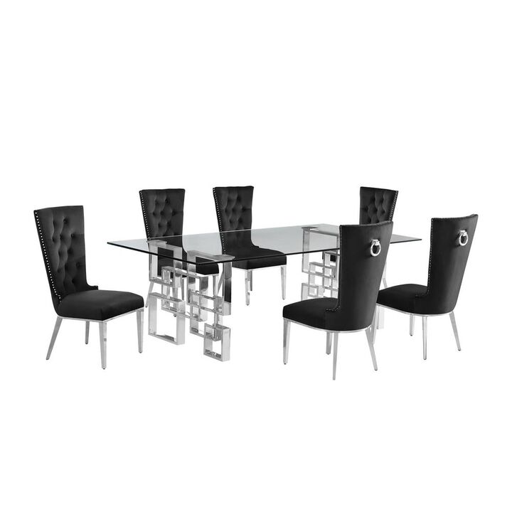 7-piece glam dining set with 6 black chairs and a 95" long glass  table