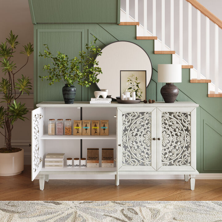 TATEUS 60" Antique Buffet Cabinet - Floral Carvings, Solid Wood Legs & Brass Handles