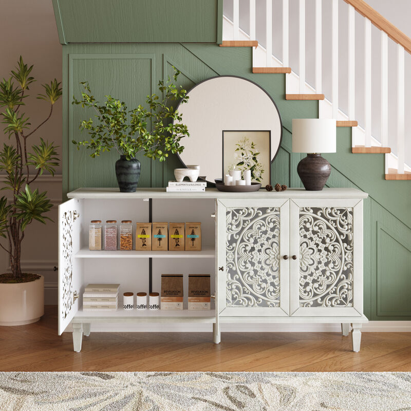 TATEUS 60" Antique Buffet Cabinet - Floral Carvings, Solid Wood Legs & Brass Handles