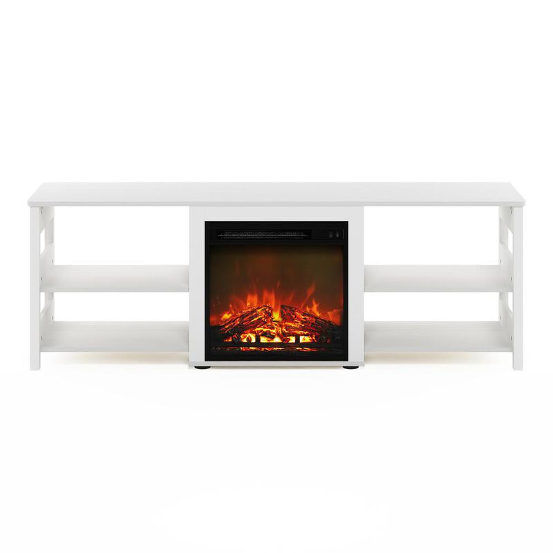 Furinno Classic 70 Inch TV Stand with Fireplace, White Emboss