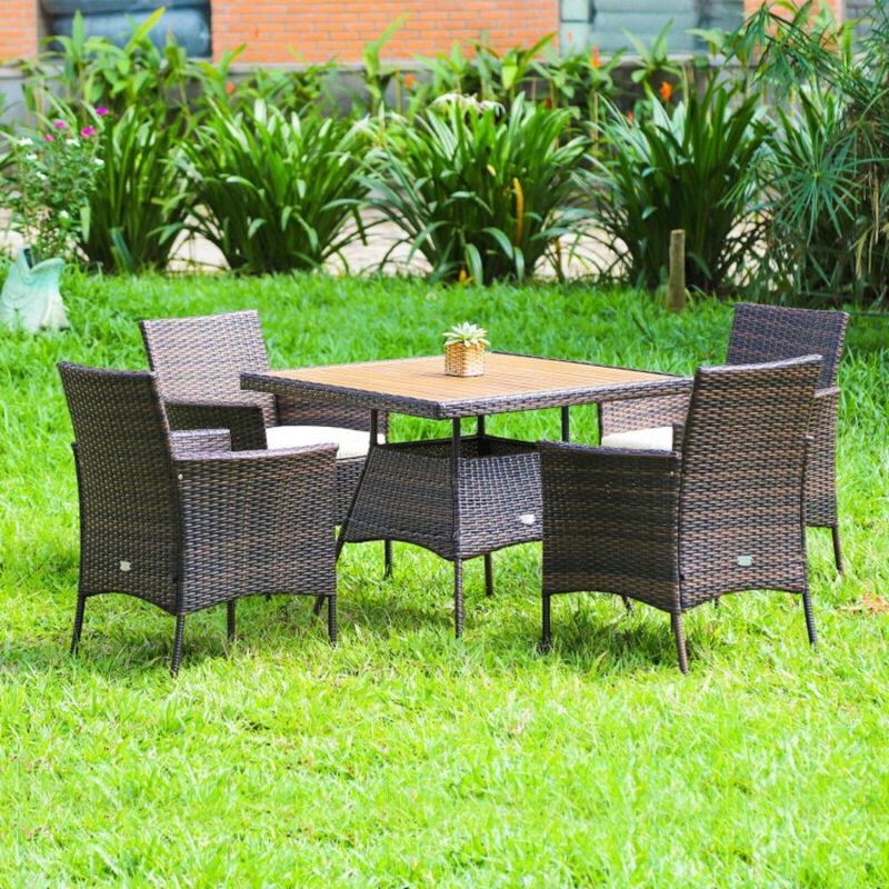 Hivvago 5-Piece Patio Dining Set with Wooden Tabletop and Comfortable Wicker Armchairs