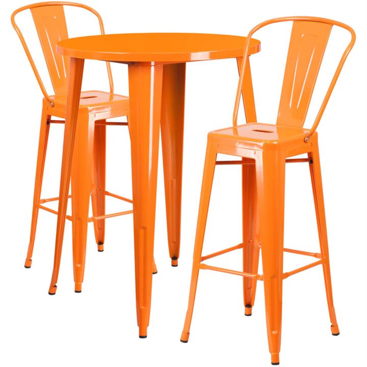 Flash Furniture Commercial Grade 30" Round Orange Metal Indoor-Outdoor Bar Table Set with 2 Cafe Stools
