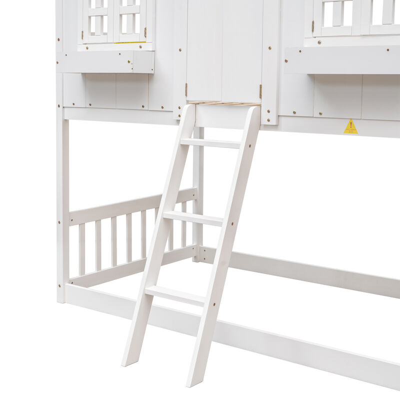 Whisen Twin over Twin House Bunk Bed with Roof, Window, Window Box, Door, with Safety Guardrails and Ladder - White