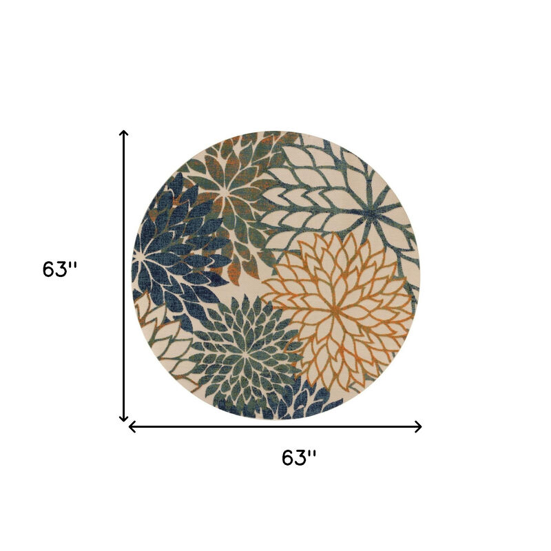 HomeRoots 5' Blue Green And Yellow Round Floral Indoor Outdoor Area Rug image number 6