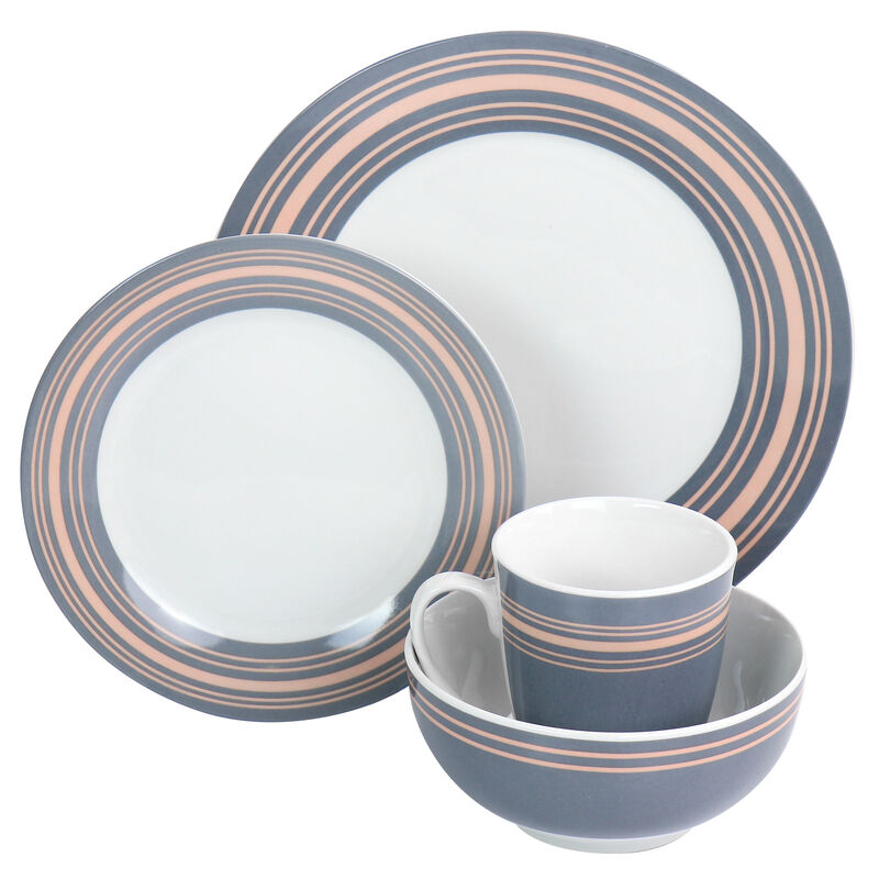 Gibson Home Silver Wind 16 Piece Fine Ceramic Dinnerware Set in Grey and Pink