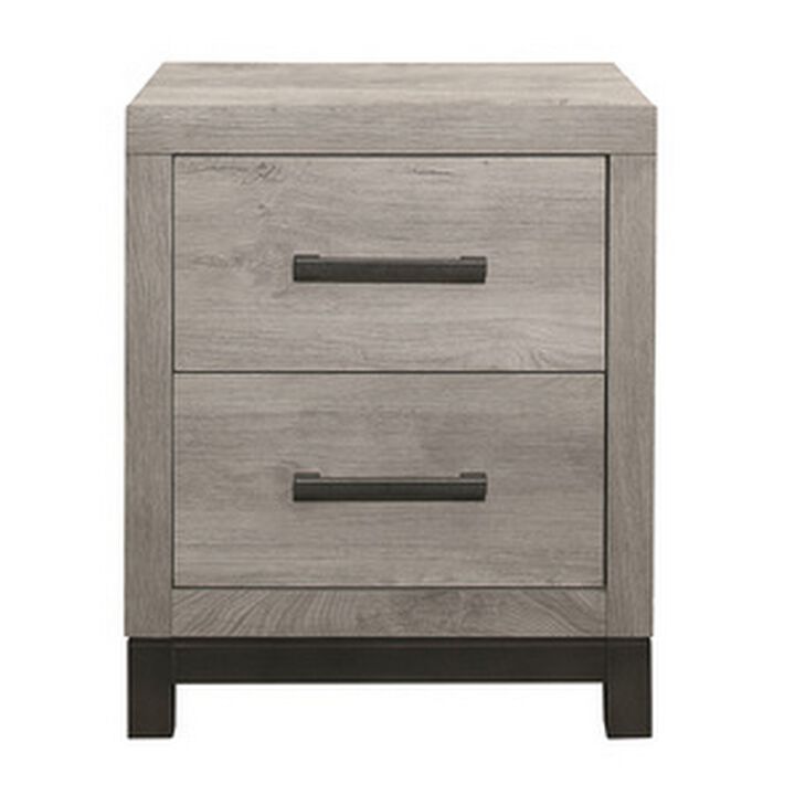 Deena 25 Inch Classic 2 Drawer Nightstand, Metal Handles, Wood Grain Gray - Benzara