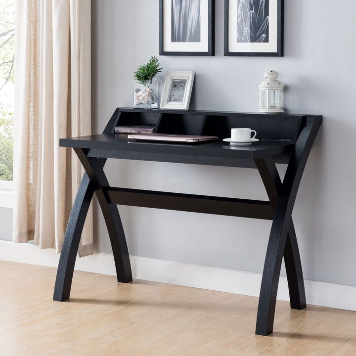 Black Home Office Computer Desk with 3 Open Shelves & X-Shaped Legs