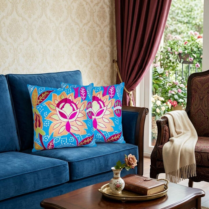 HomeRoots Set of Two 16" Blue And Pink Floral Cotton Throw Pillows with Embroidery