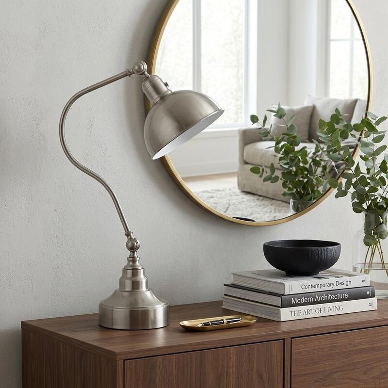 HomeRoots 25" Nickel Metal Lantern Desk Table Lamp With Nickel Dome Shade image number 1