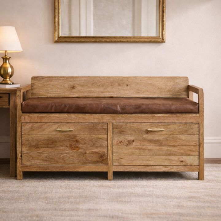 Artisan Furniture Solid Wood Oakish Storage Bench with Brown Leather Seat, 2 Drawers, Beige