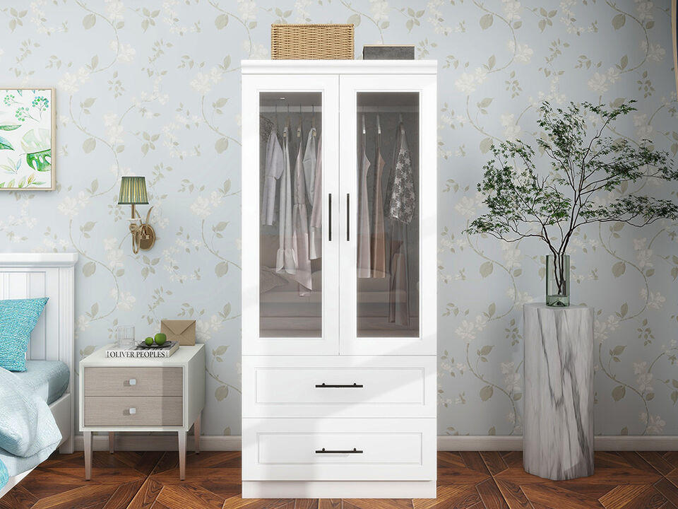 Tall Armoire Wardrobe Closet, Bedroom Armoires with Mirror, Wardrobe Cabinet with Drawers, Hanging Rod and Storage Cabinet ,White for Bedroom