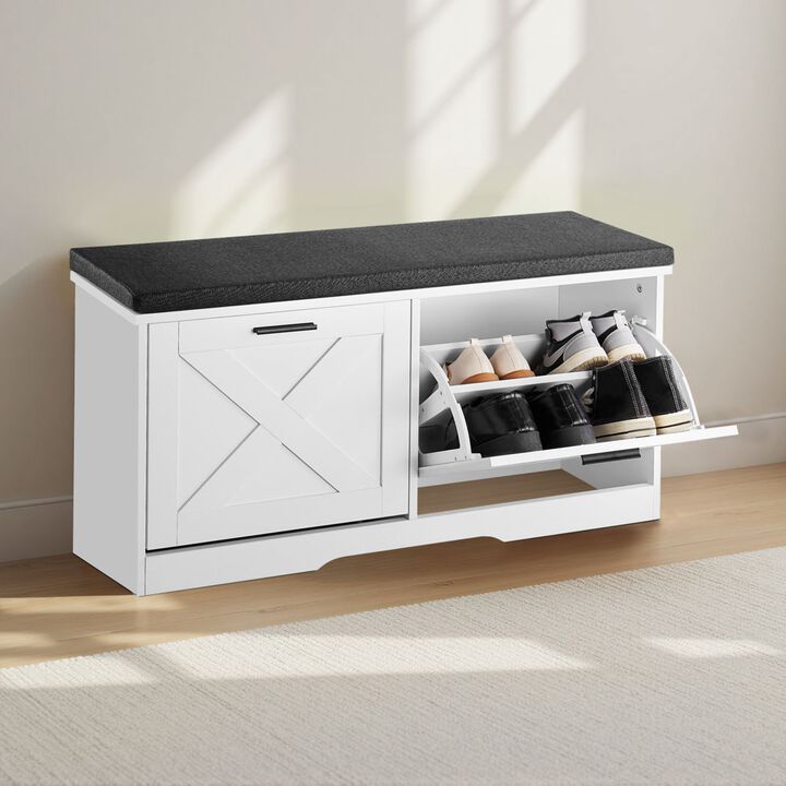 Entryway Shoe Storage Bench with Cushion, Flip Drawers and Shoe Organizer Rack