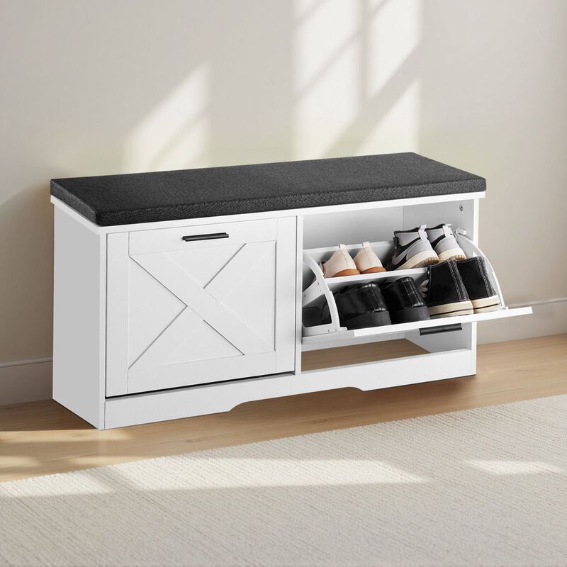 Entryway Shoe Storage Bench with Cushion, Flip Drawers and Shoe Organizer Rack image number 1