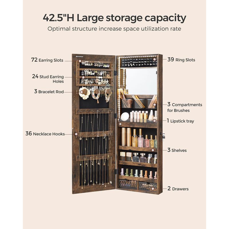 Freestanding Jewelry Armoire Organizer with LED Mirror &ndash; Lockable Storage Cabinet with Drawers, Hooks & Shelves for Bedroom