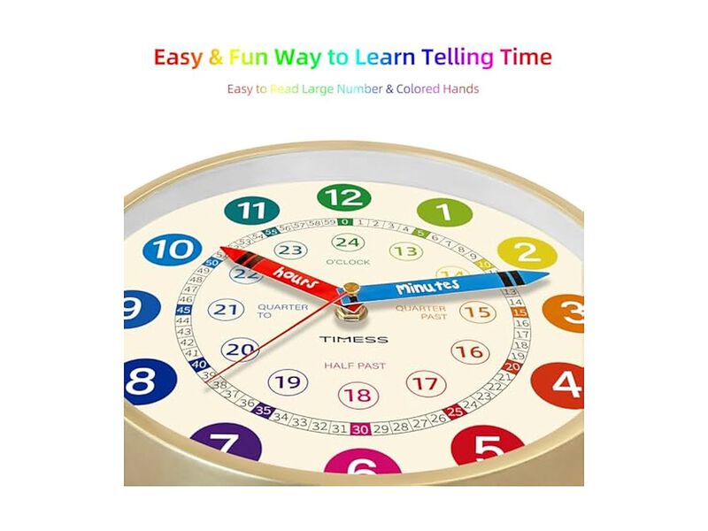 Learning Tell Time Colorful Teaching Wall Clock 12 Inch Silent Non Ticking image number 2