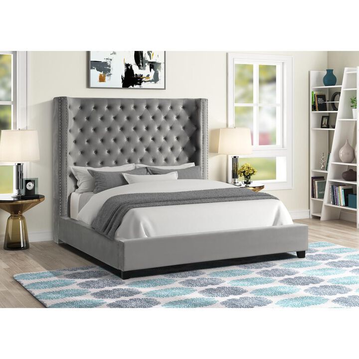 Best Master Furniture Yvonne Velvet Upholstered Queen Platform Bed in Gray