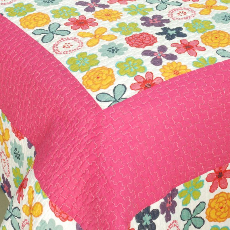 Queen Size Cotton 3-Piece Vermicelli Quilted Printed Quilt Set with Shams - Pink image number 3