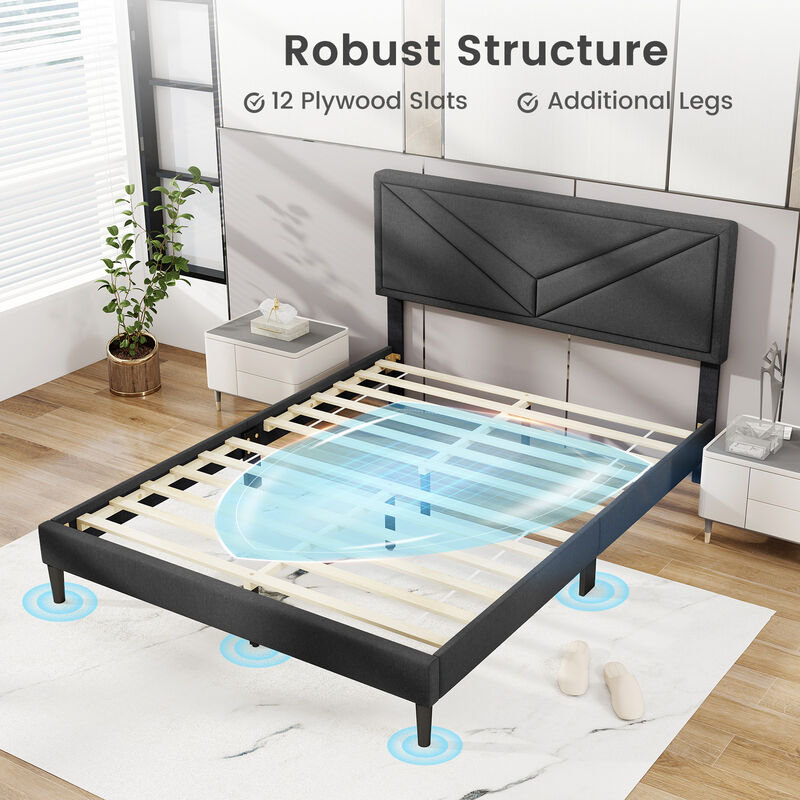 Fabric Upholstered Platform Bed with Tufted Headboard and Durable Wood Slat Support