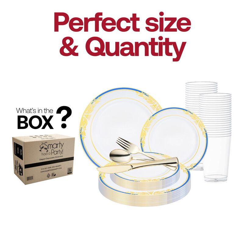 White with Blue and Gold Harmony Rim Plastic Wedding Value Set (30 Sets) image number 3
