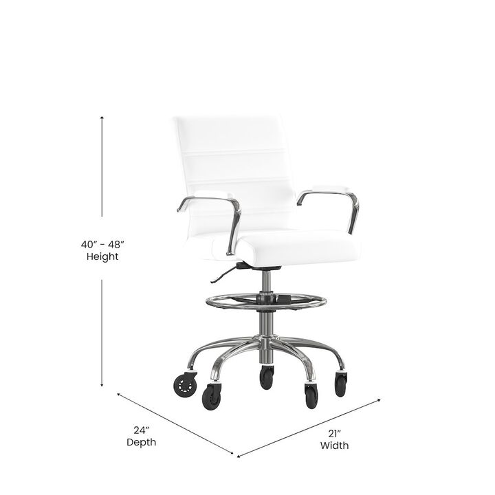 Flash Furniture Mid-Back White Drafting Chair with Adjustable Foot Ring, Chrome Base,