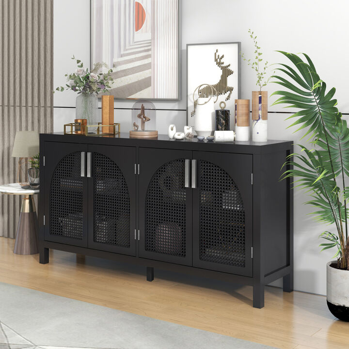 Large Storage Space Sideboard with Artificial Rattan Door and Metal Handles for Living Room and Entryway (Black)