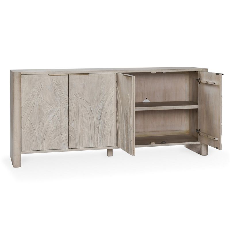 Orla Serving Buffet Cabinet Sideboard Console, Carved White 82 Inch - Benzara