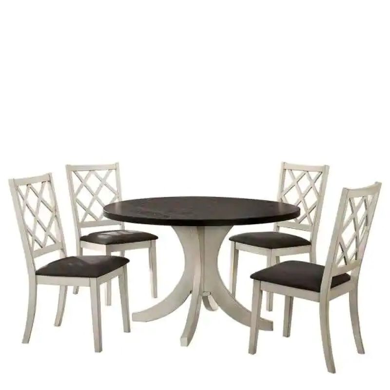 Antique White Solid wood Set of 2 Chairs Unique Design Back Kitchen Dining Room Breakfast Grey Cushion Seat Chair Fabric