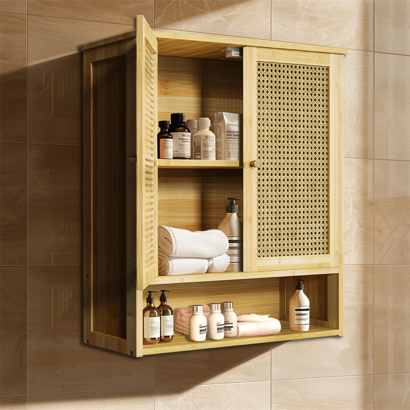 Bathroom Cabinet Wall Mounted, Bamboo Over-The-Toilet Storage Organizer 2 Door image number 2