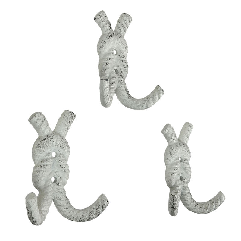 Zeckos 4 Inch Cast Iron Rope Knot Wall Hooks, Set of 3 Nautical Double Coat Hooks, Antique White Coastal Wall Decor with Matching Screws for Beach Bathroom, Entryway, Mudroom or Bedroom image number 1