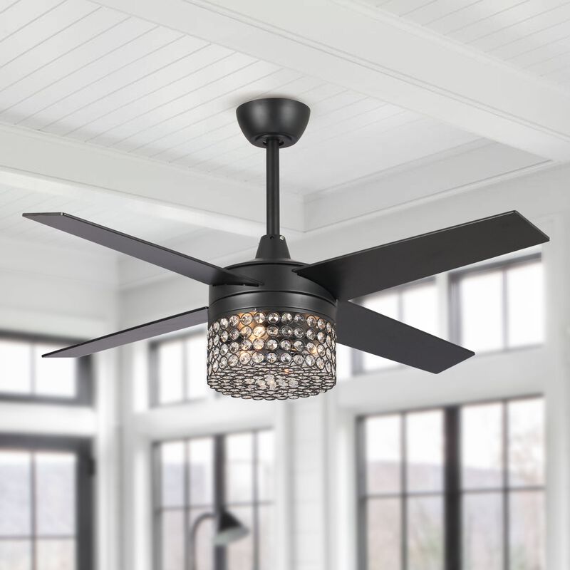 48" Black Wood 4-Blade Crystal Fandelier Ceiling Fan with Remote and Light