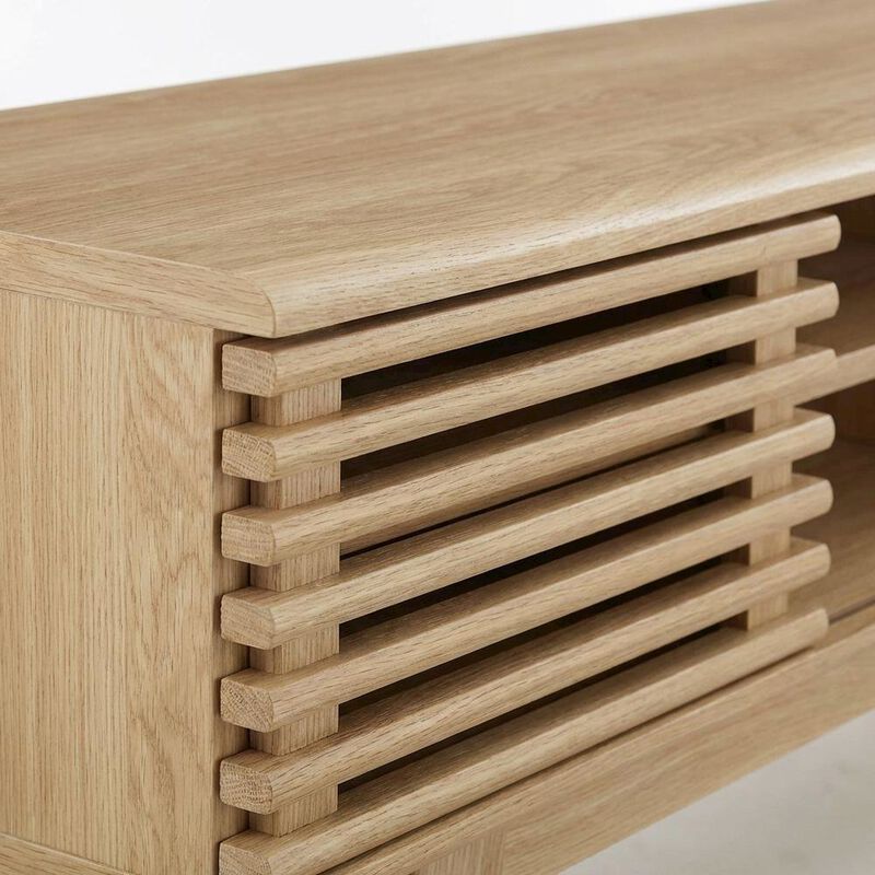 Brown wood entertainment center with spacious TV stand and sleek design image number 5
