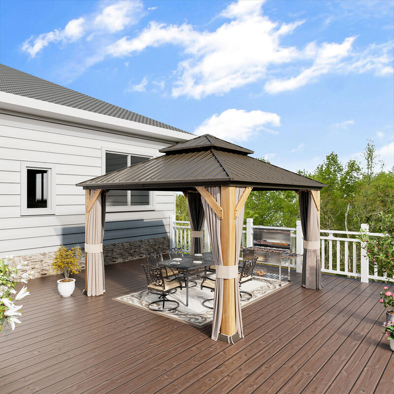 Mondawe 12 ft. x 12 ft. Brown Cedar Wood Frame Hardtop Gazebo with Galvanized Steel Double Roof, Curtains and Netting
