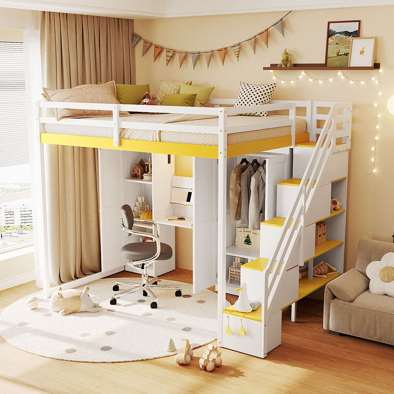 Merax Full Size Loft Bed with Staircase, Dressing Table, Wardrobe, 3-Tier Cabinet image number 3