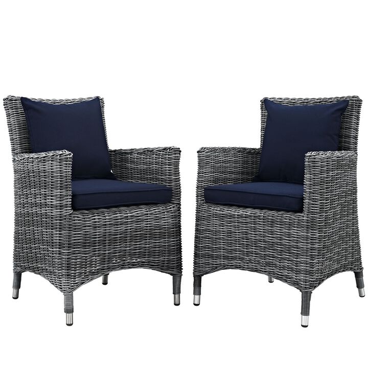 Modway Summon Wicker Rattan Aluminum Outdoor Patio Two Dining Arm Chairs with Sunbrella® Fabric Cushions in Canvas Navy