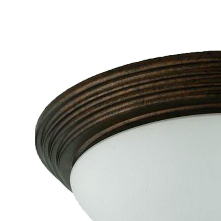 Jesse 12 Inch Modern Ceiling Lamp with Glass Dome Shade, Rust Trim, White-Benzara