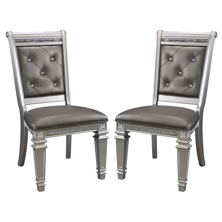 28 Inch Wood Dining Chair, Faux Leather, Acrylic Crystals, Set of 2, Silver-Benzara
