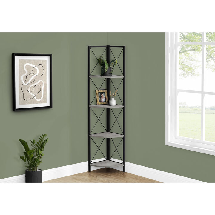 Monarch Specialties I 3647 Bookshelf, Bookcase, Etagere, Corner, 4 Tier, 60"H, Office, Bedroom, Metal, Laminate, Grey, Black, Contemporary, Modern