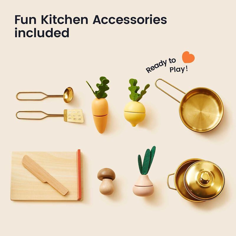 Mediterranean Play Kitchen for Toddlers - Wooden Kids Kitchen Playset with Cutting Food & Cookware, Oven, Stove, Sink, Built-In Storage image number 5