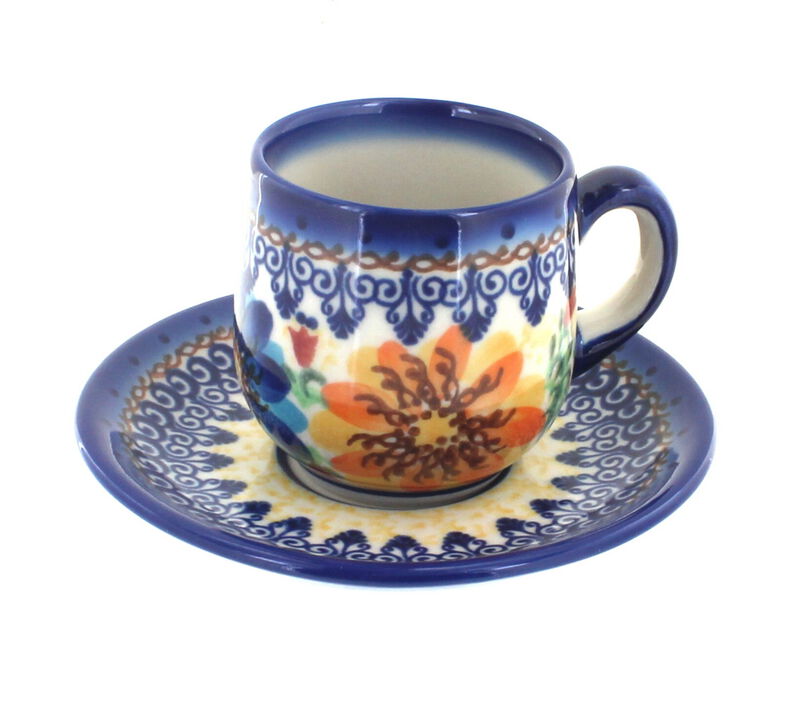 Blue Rose Polish Pottery Aztec Flower Espresso Cup & Saucer