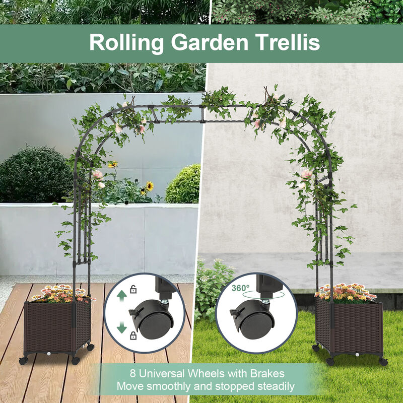 Mobile Garden Arch Trellis with Planter Boxes and Lockable Wheels