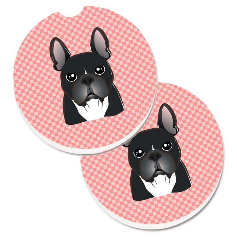 Caroline's Treasures Checkerboard Pink French Bulldog Set of 2 Cup Holder Car Coasters BB1227CARC, 2.56, Multicolor