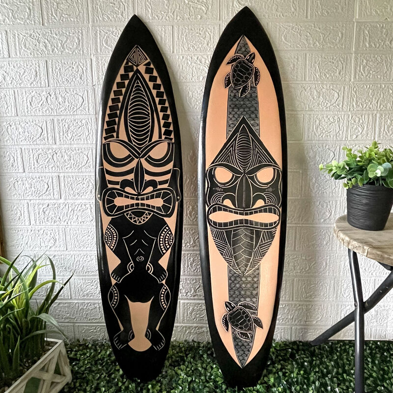 Set of 2 Surfboards &ndash; Tiki Mask Design, 39" Wood Wall Art, Tropical Decor image number 4