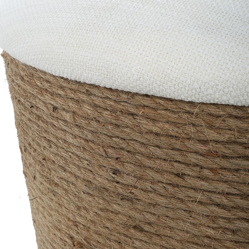 18 Inch Classic Storage Accent Ottoman, Rope Wrapped Base, Off White, Brown - Benzara