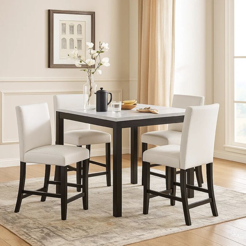 Wesley 5pc Dining Table Set, White Faux-Leather, Faux Marble, Dark Brown image number 1